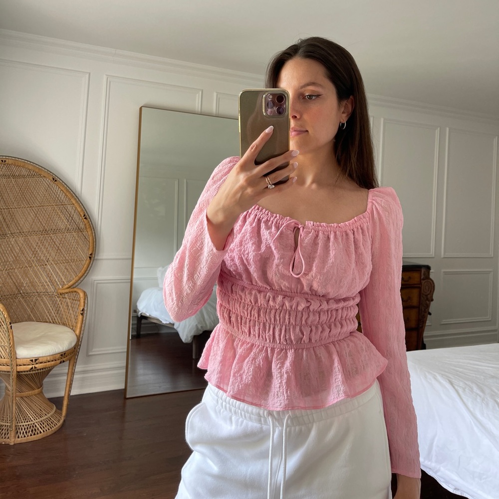 Pink Ruched Sheer Blouse